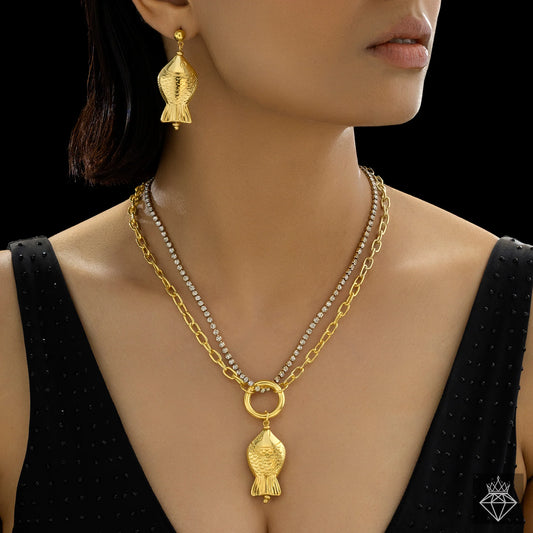 AUROZI Anti-Tarnish Fish Necklace Set With Earrings