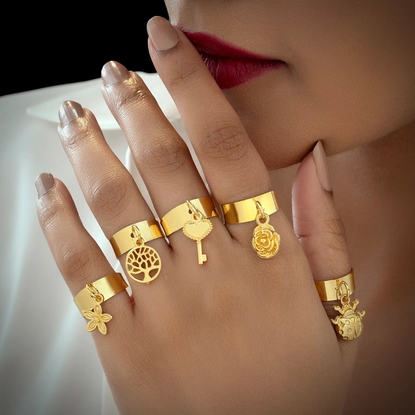 Super Saver Pack Of 5 Anti-Tarnish Premium Quality Gold Plated Charms Rings By AUROZI (Adjustable Size)