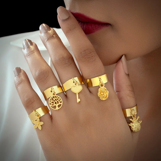 Super Saver Pack Of 5 Anti-Tarnish Premium Quality Gold Plated Charms Rings By AUROZI (Adjustable Size)