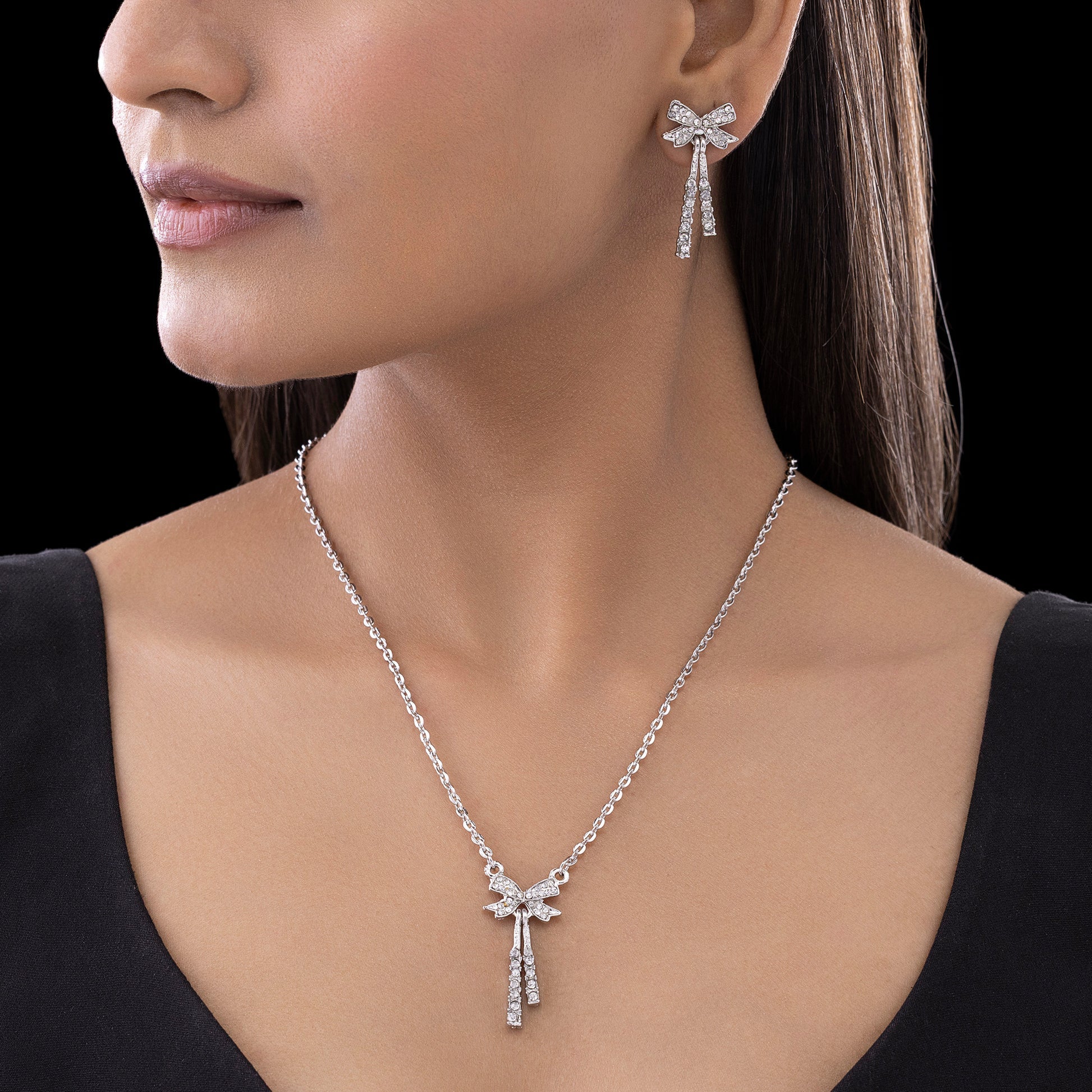 AUROZI Anti-Tarnish Silver AD-Studded Bow Necklace Set with Earrings