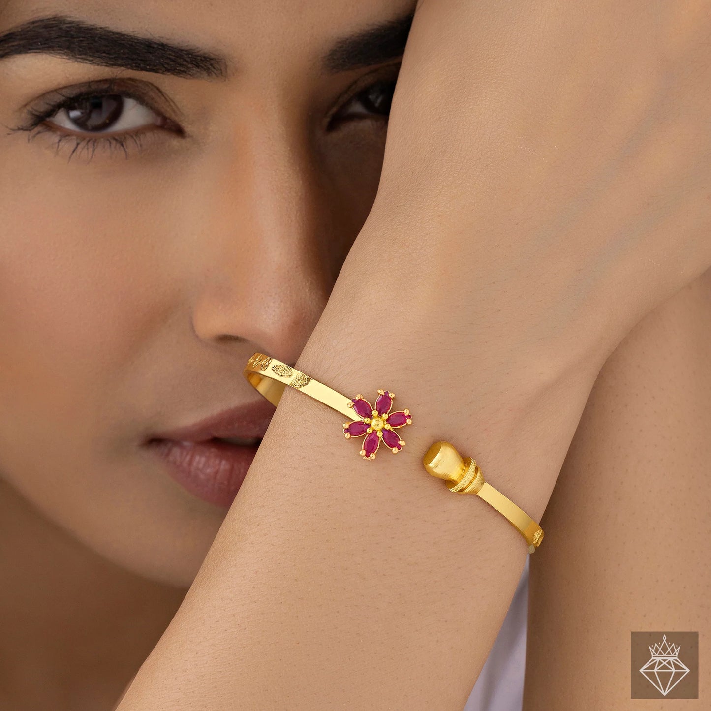 AUROZI Anti-Tarnish Ruby Flower Bangle Bracelet (Adjustable Size)