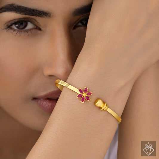 AUROZI Anti-Tarnish Ruby Flower Bangle Bracelet (Adjustable Size)
