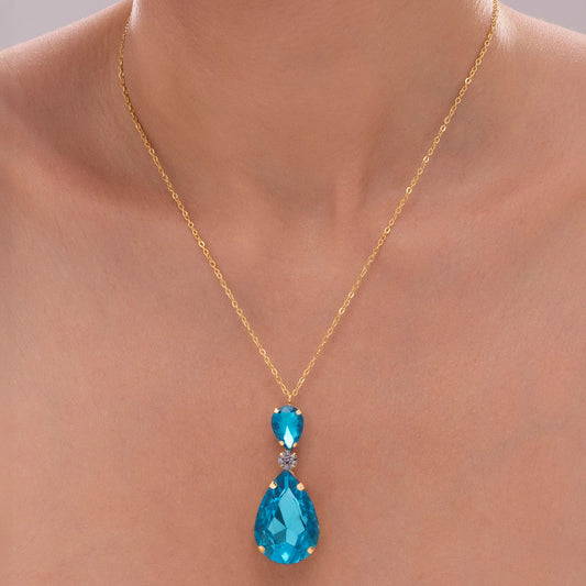 AUROZI Anti-Tarnish Aquamarine Drop Crystal Pendant Necklace