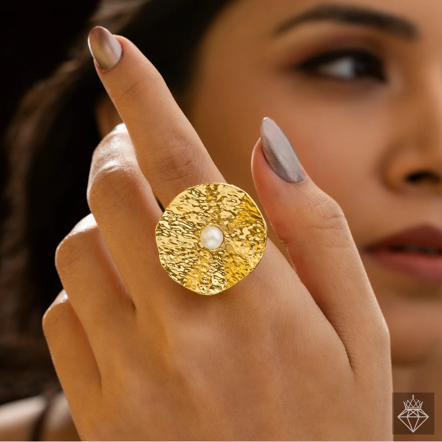 AUROZI Anti-Tarnish Hammered Pearl Ring (Adjustable Size) Artisan Texture. Timeless Elegance. Everyday Grace.