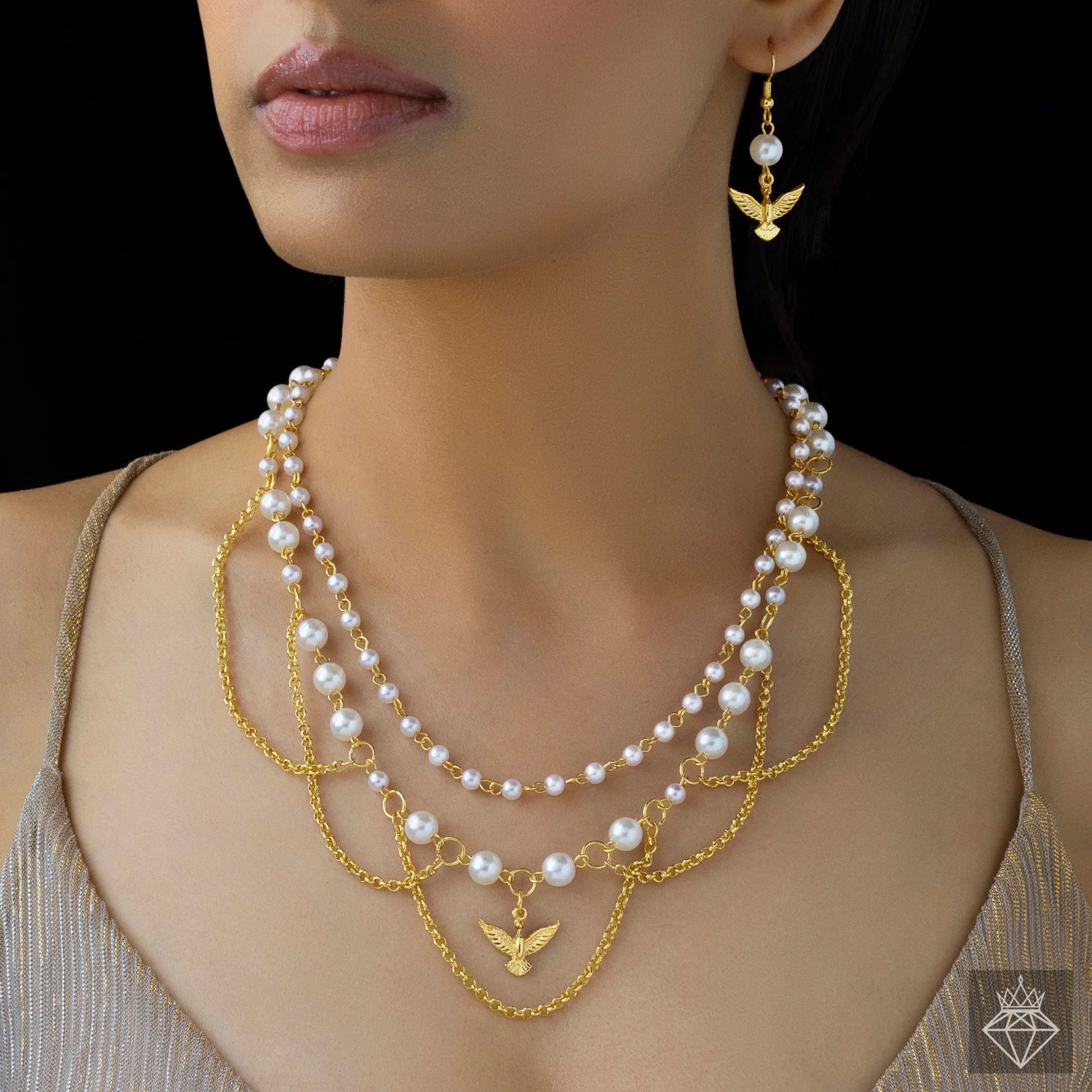 AUROZI Anti-Tarnish Pearls & Bird Necklace Set with Earrings