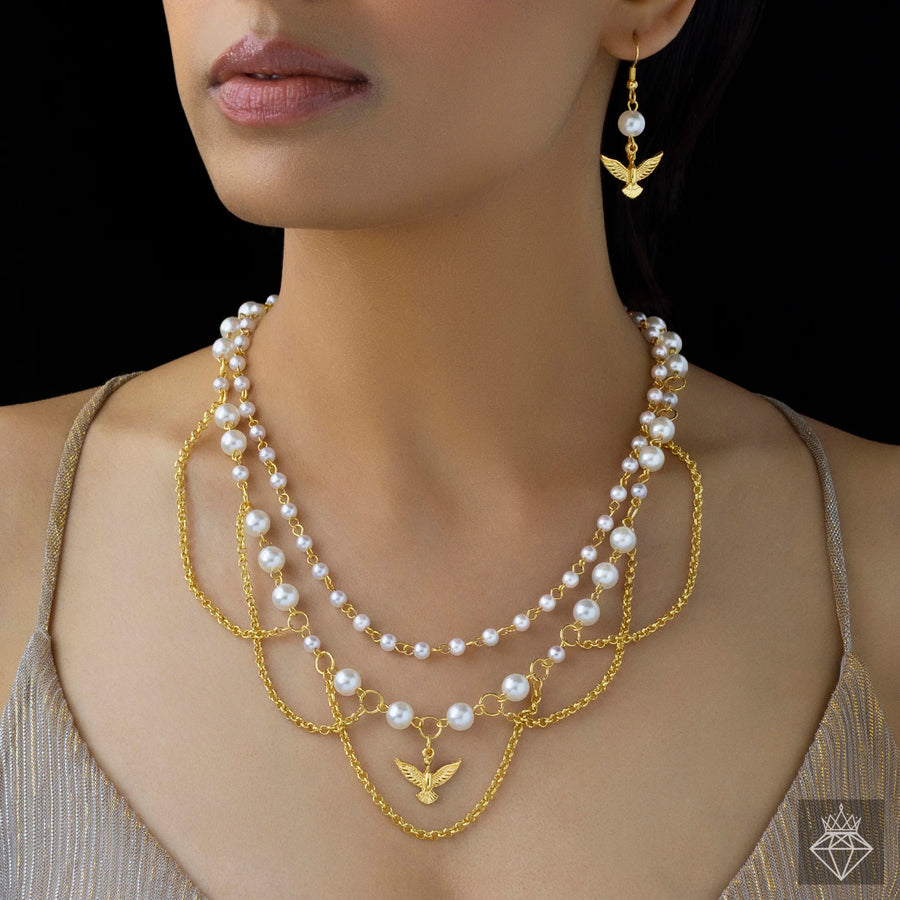 AUROZI Anti-Tarnish Pearls & Bird Necklace Set with Earrings