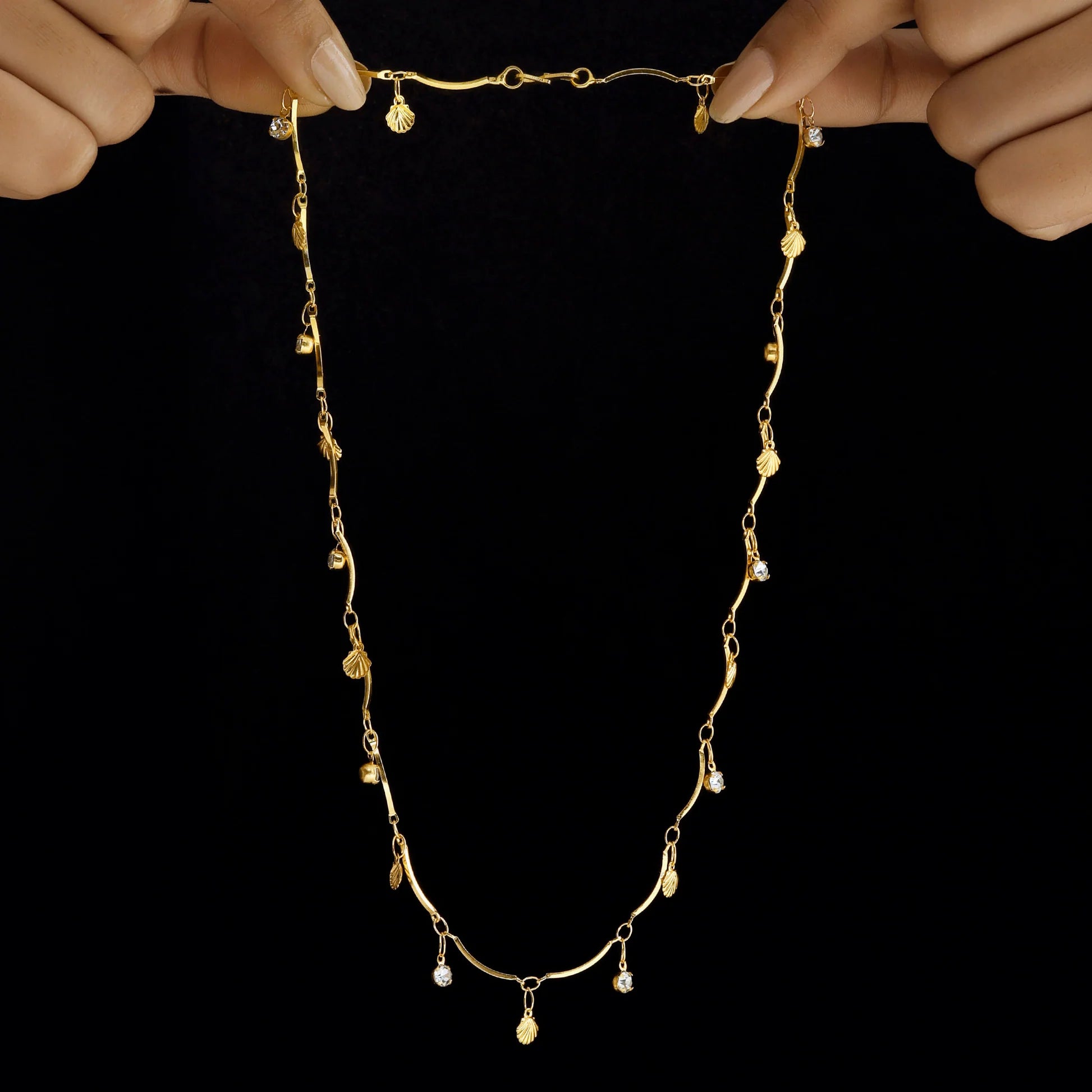 AUROZI Anti-Tarnish Double Layer Chevron Chain With Shell Charms Necklace