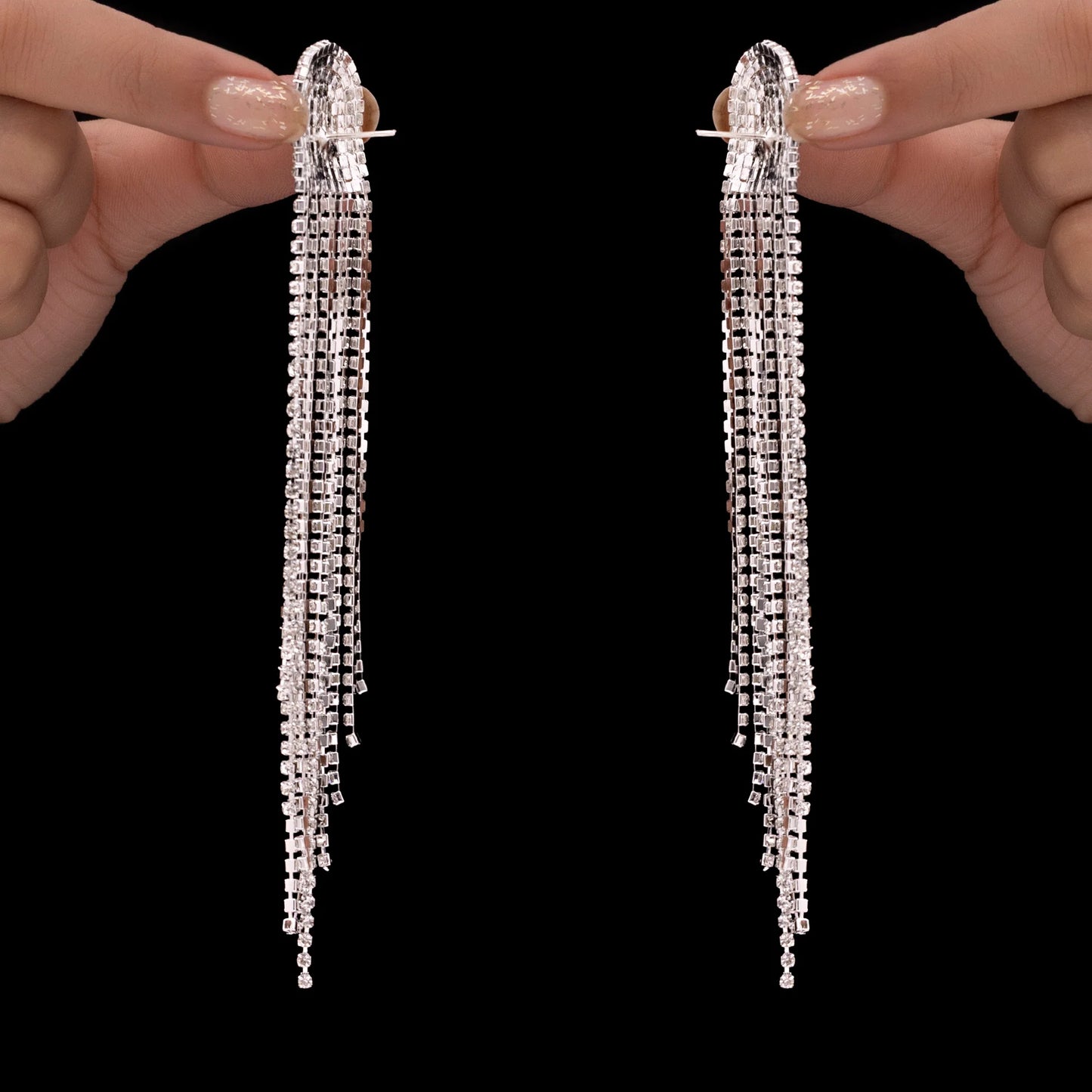 AUROZI Anti-Tarnish D-Shaped Silver Statement Earrings with Rhinestone Tassels