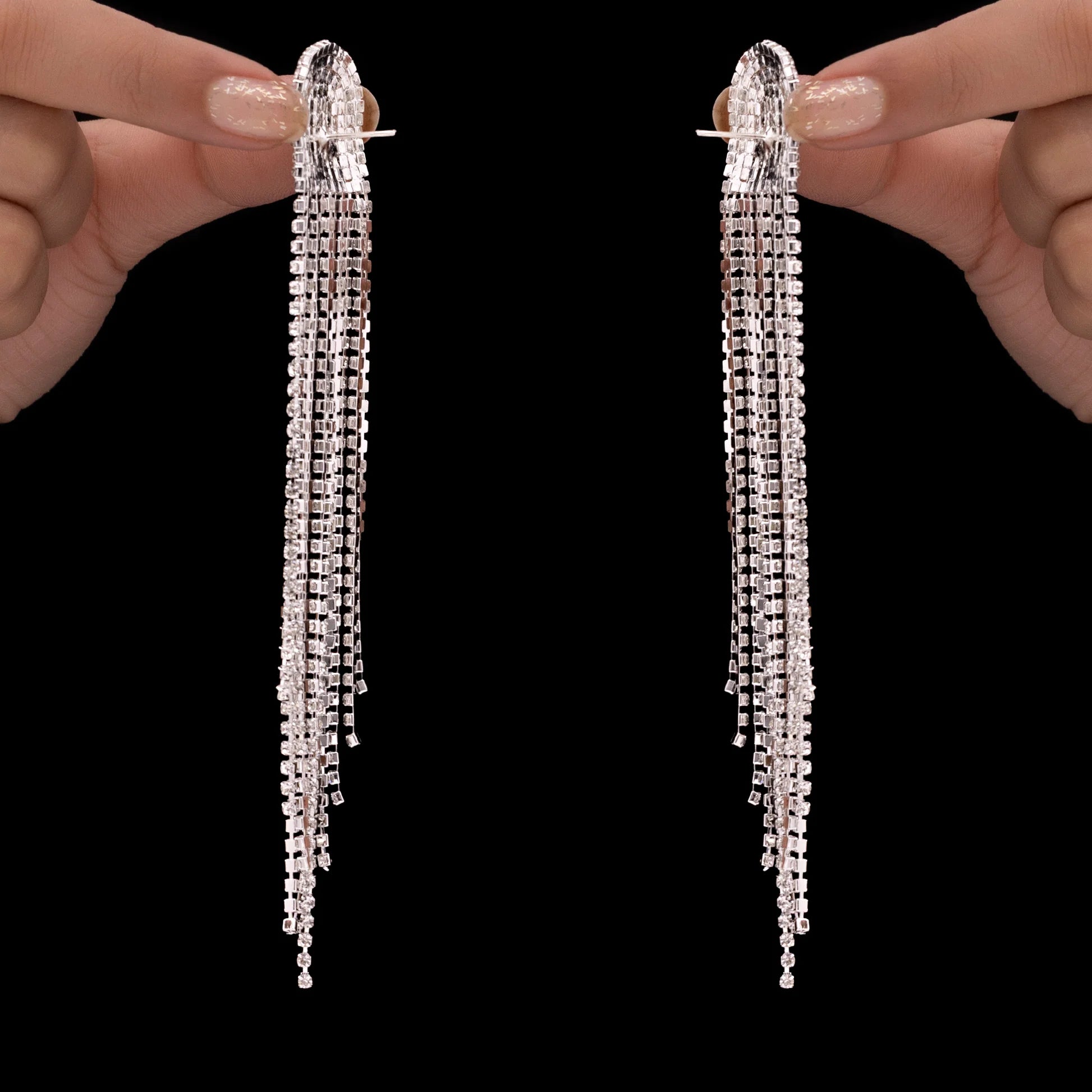 AUROZI Anti-Tarnish D-Shaped Silver Statement Earrings with Rhinestone Tassels