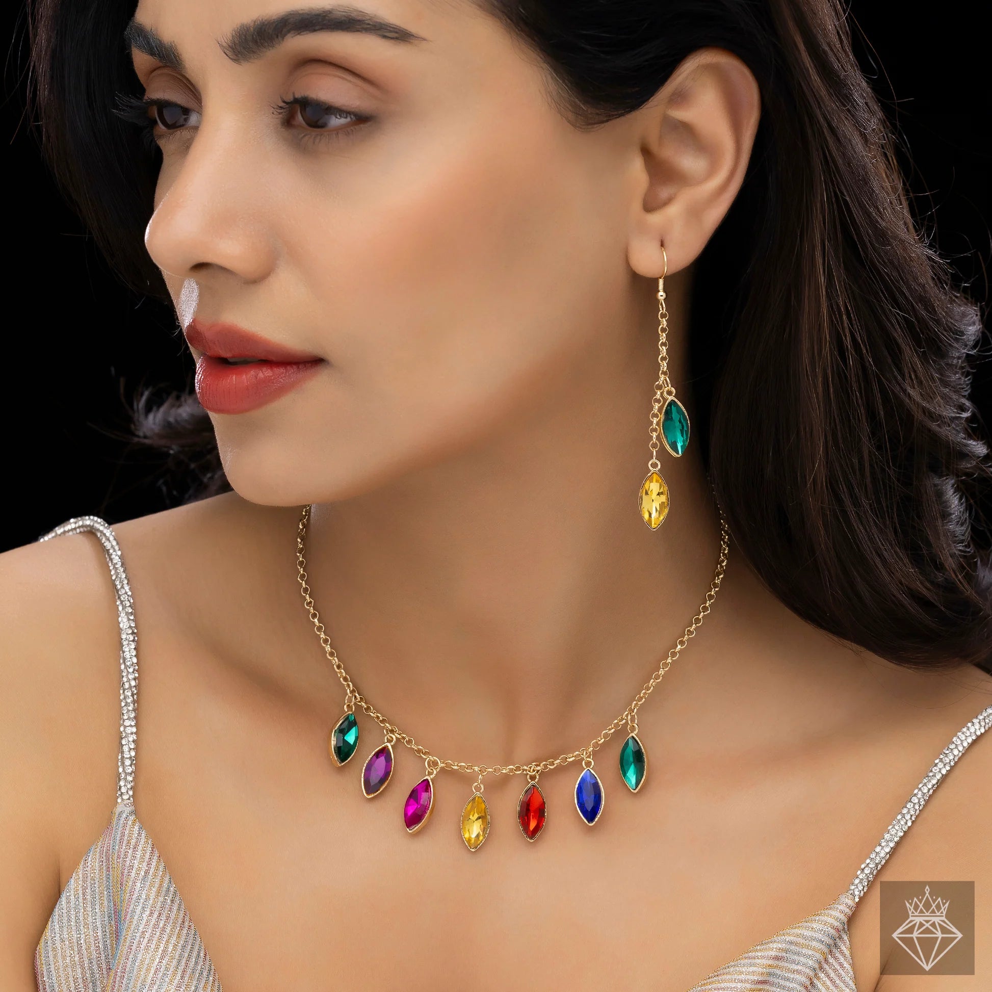 AUROZI Anti-Tarnish Multicoloured Crystal Necklace Set With Earrings