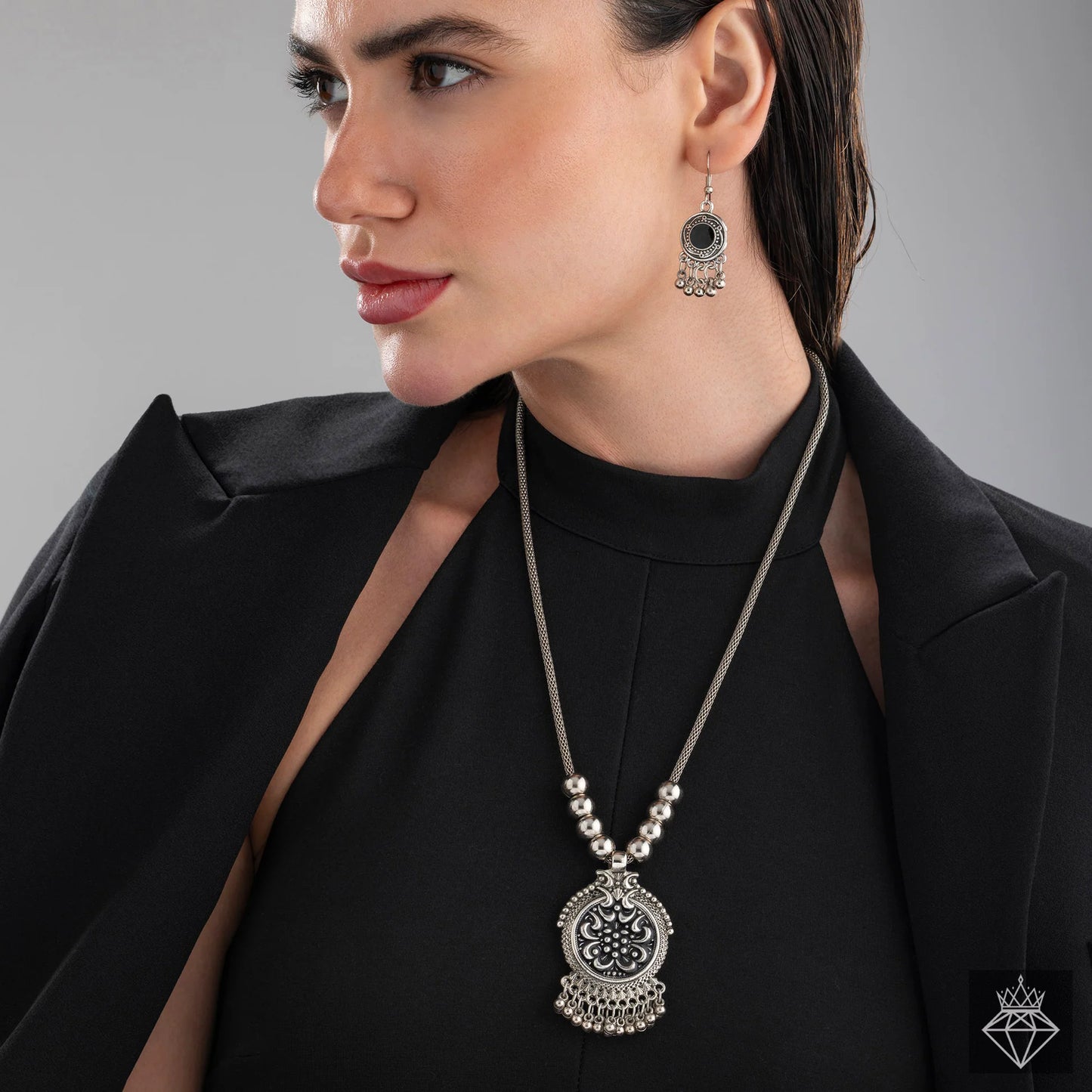 AUROZI Oxidised Snake Chain Necklace Set with Earrings