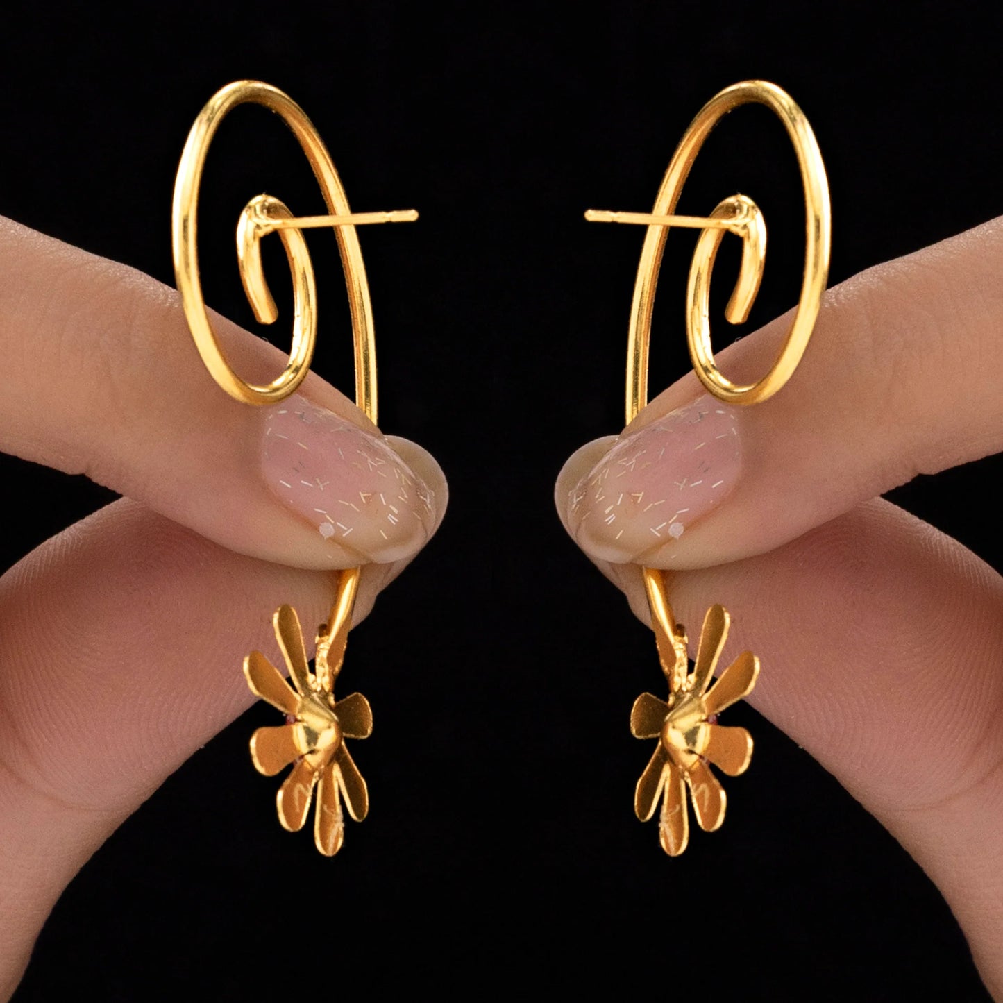 AUROZI Anti-Tarnish Spiral-Wired Dangle Earrings with Floral Accent