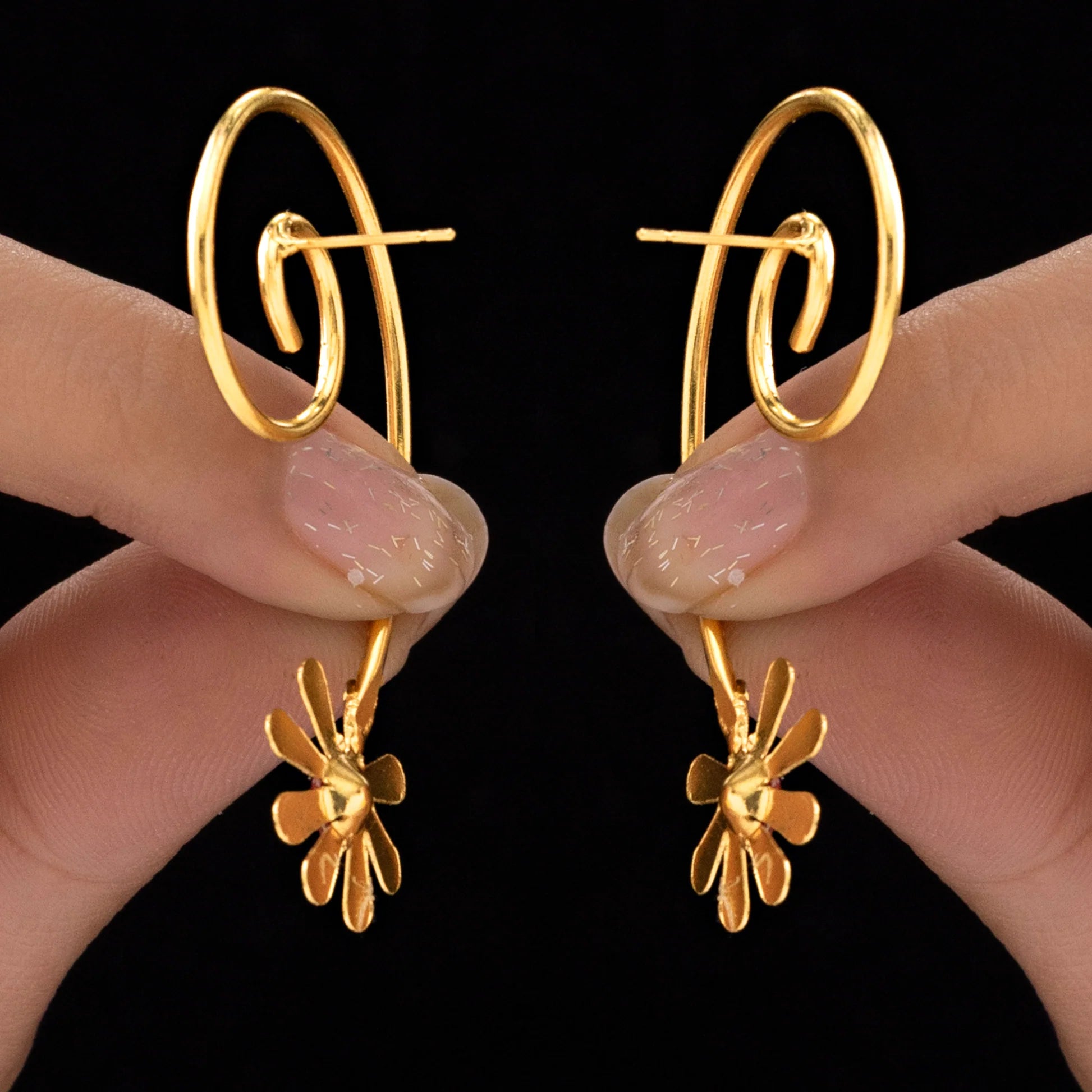 AUROZI Anti-Tarnish Spiral-Wired Dangle Earrings with Floral Accent