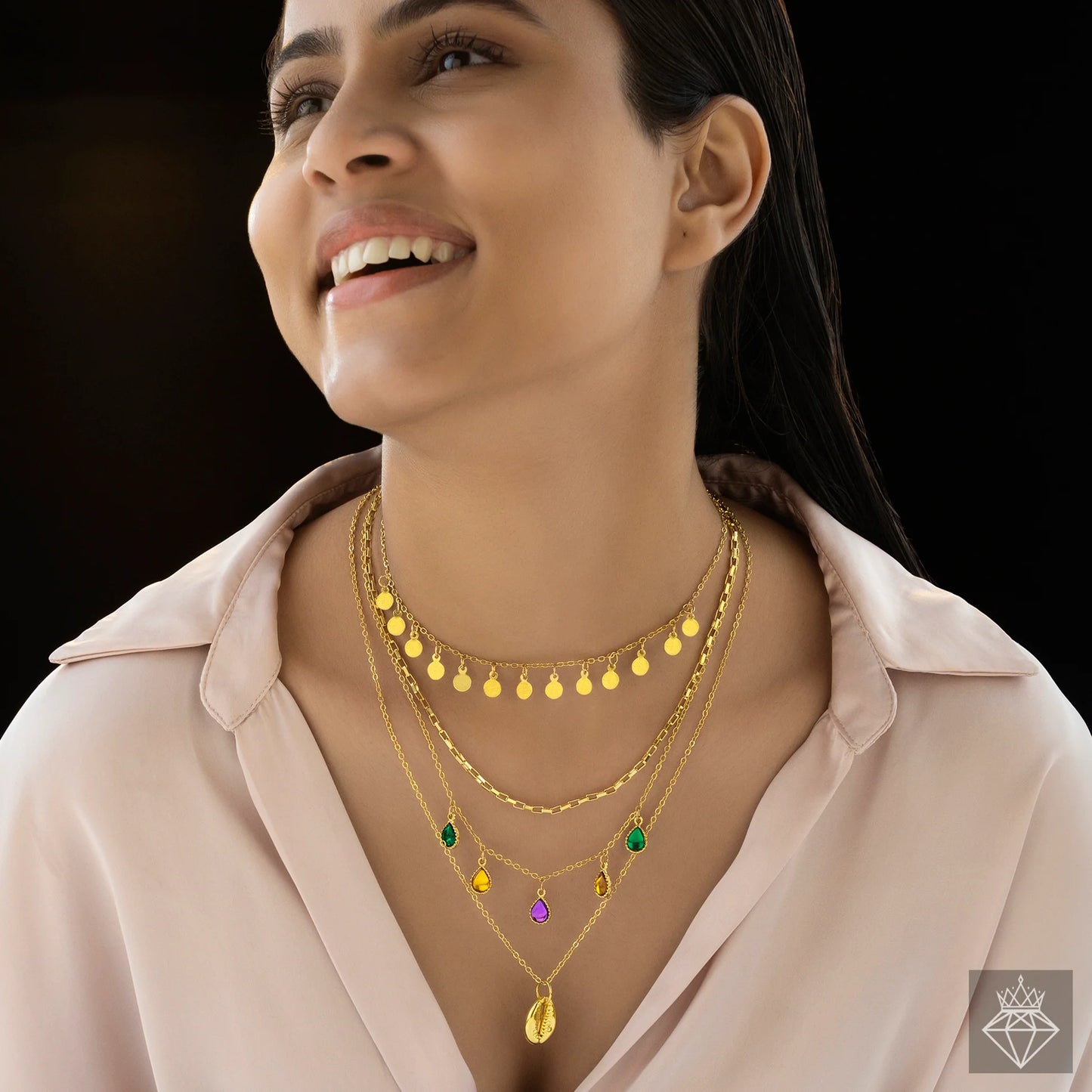 AUROZI ANTI-TARNISH MULTILAYERED CRYSTAL CHARMS GOLD PLATED NECKLACE