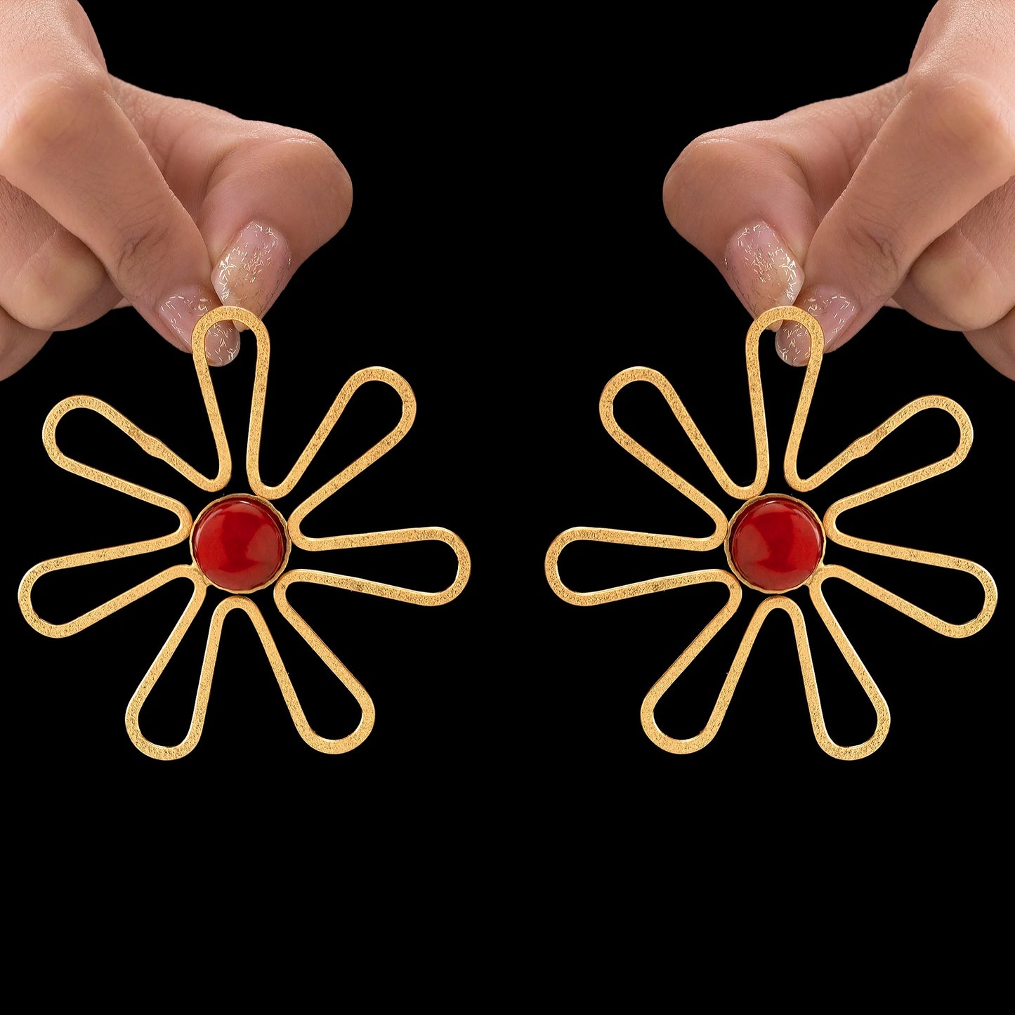 AUROZI Anti-Tarnish Flower Statement Earrings with Red Cabochon