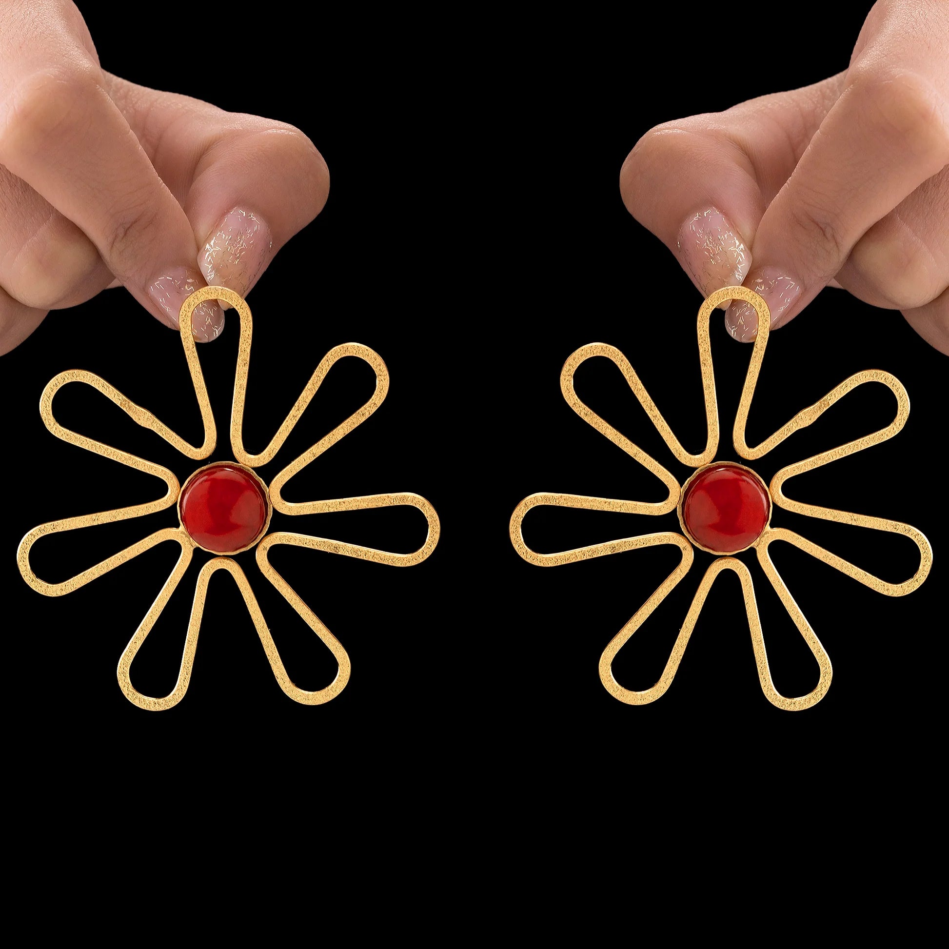 AUROZI Anti-Tarnish Flower Statement Earrings with Red Cabochon
