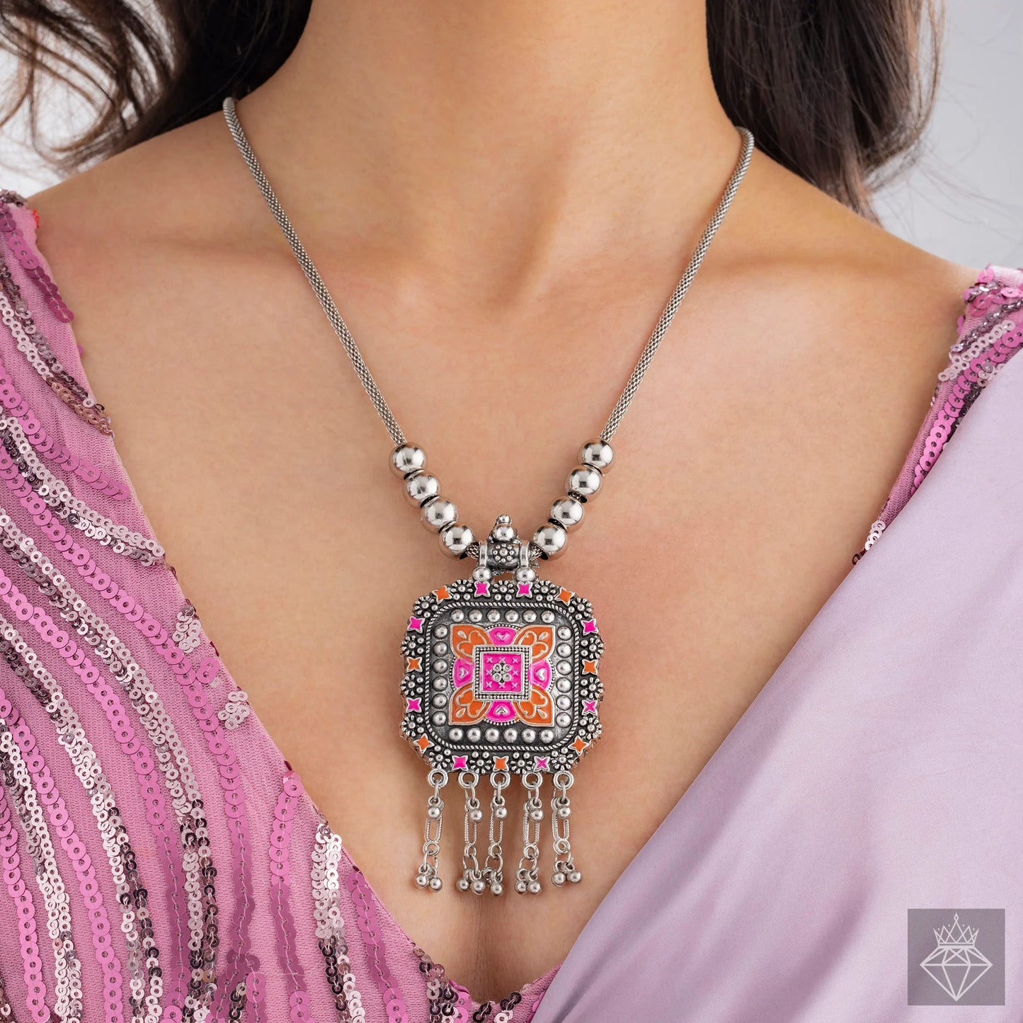 AUROZI Antique Oxidized Necklace with Colorful Enamel Square Pendant