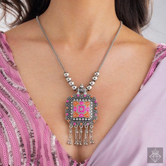 AUROZI Antique Oxidized Necklace with Colorful Enamel Square Pendant