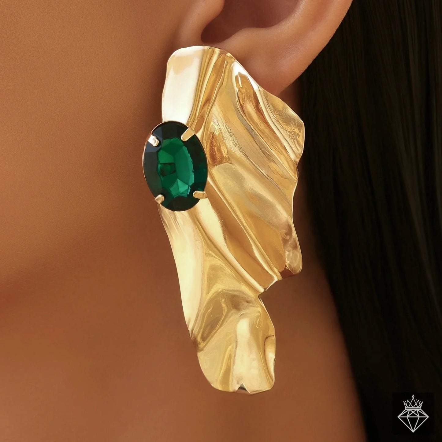 AUROZI Anti-Tarnish Golden Statement Emerald Earrings Set