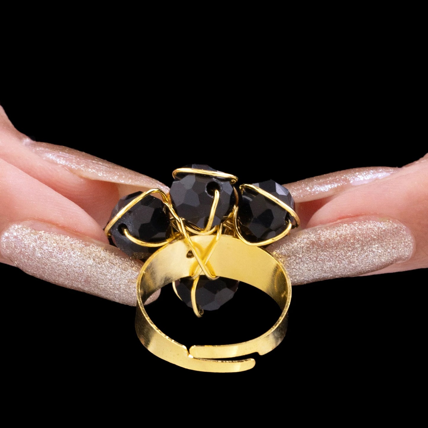 AUROZI Alluring Black Crystal Cocktail Ring – Adjustable Glam Statement