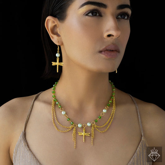 AUROZI Anti-Tarnish Dragonfly Necklace Set With Earrings