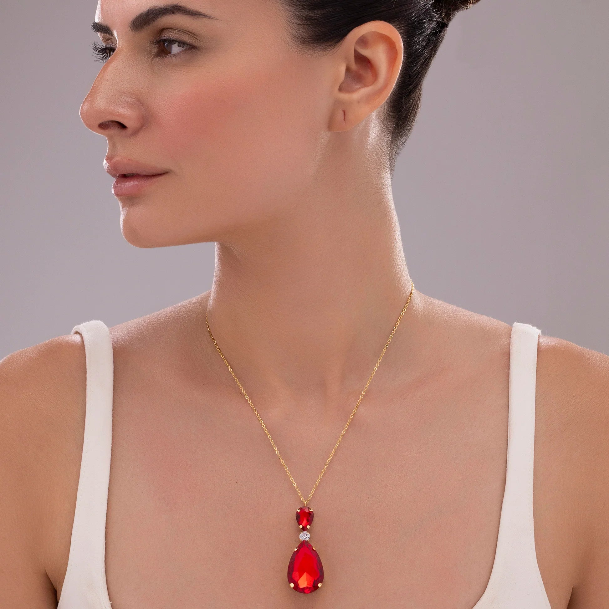 AUROZI Anti-Tarnish Siam Red Drop Crystal Pendant Necklace
