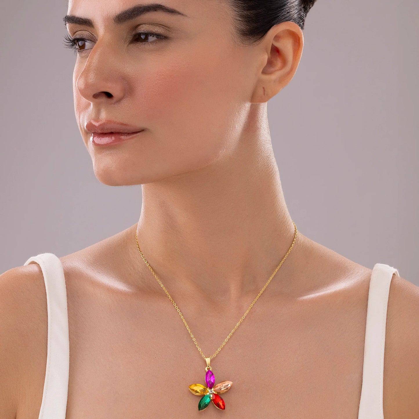 AUROZI Anti-Tarnish Multicolor Crystal Flower Pendant Necklace