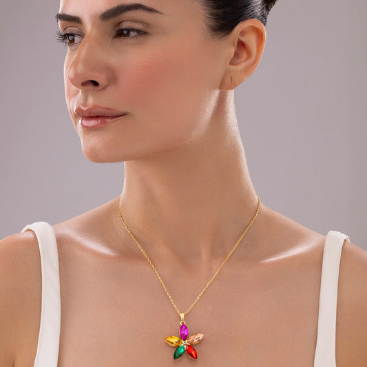 AUROZI Anti-Tarnish Multicolor Crystal Flower Pendant Necklace