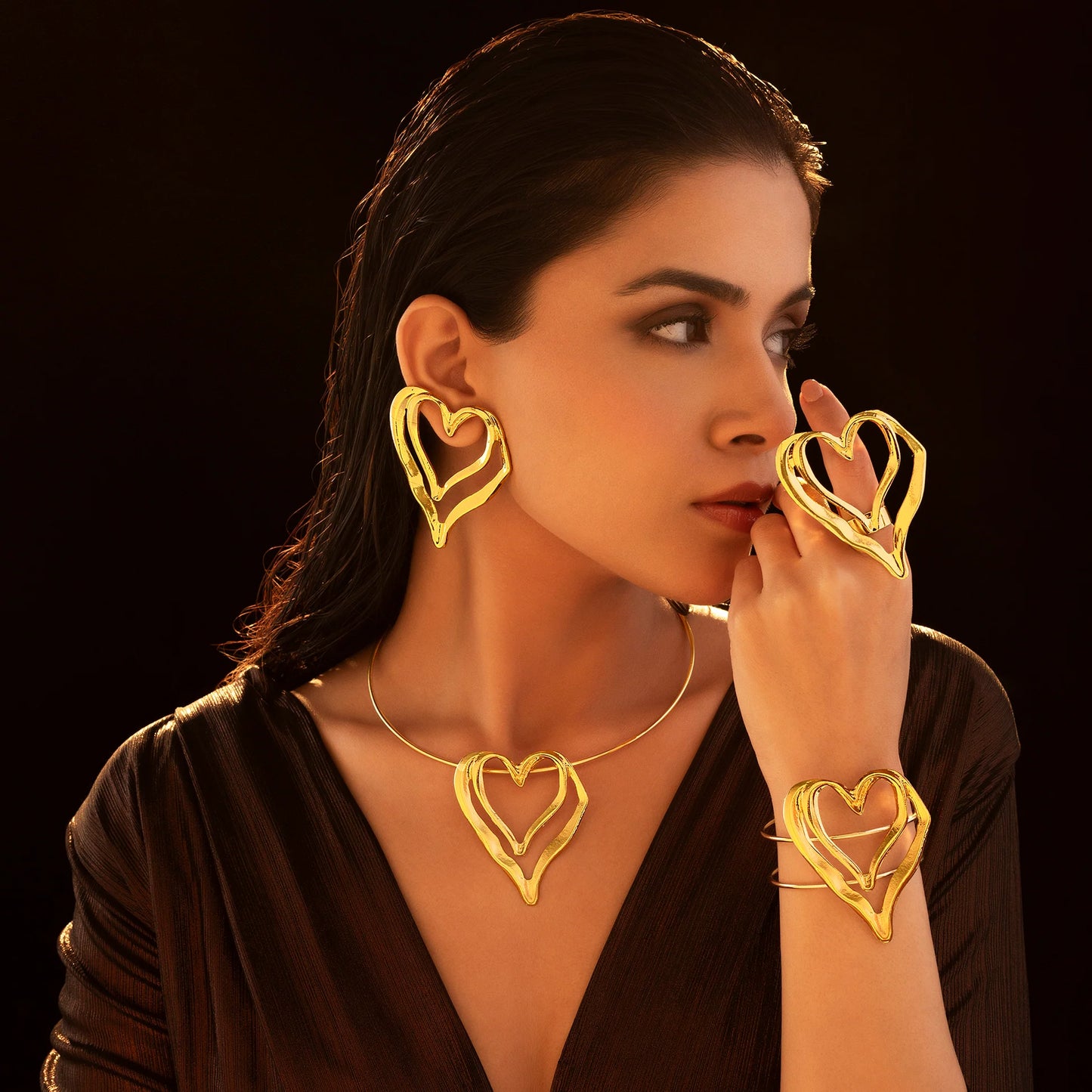 Super Saver Pack Of Anti-Tarnish Premium Quality GOLD Plated Golden HEART Necklace Set With Earrings, Bracelet & Ring (Adjustable Size)