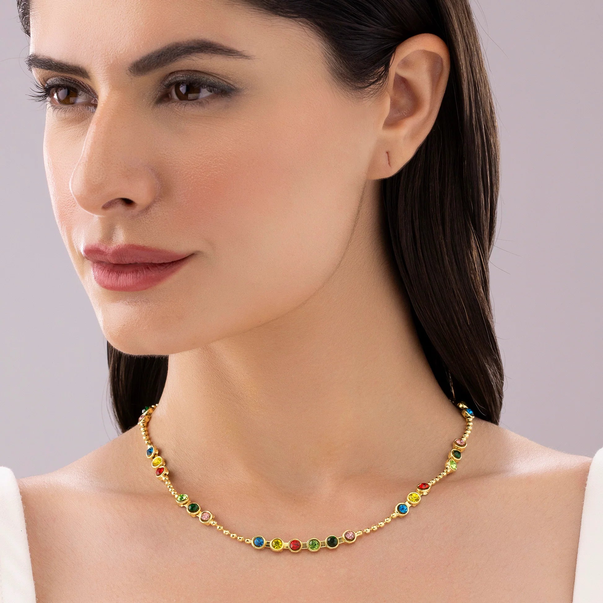 AUROZI Anti-Tarnish Multi-Crystals &amp; Ball Chain Single-Line Necklace