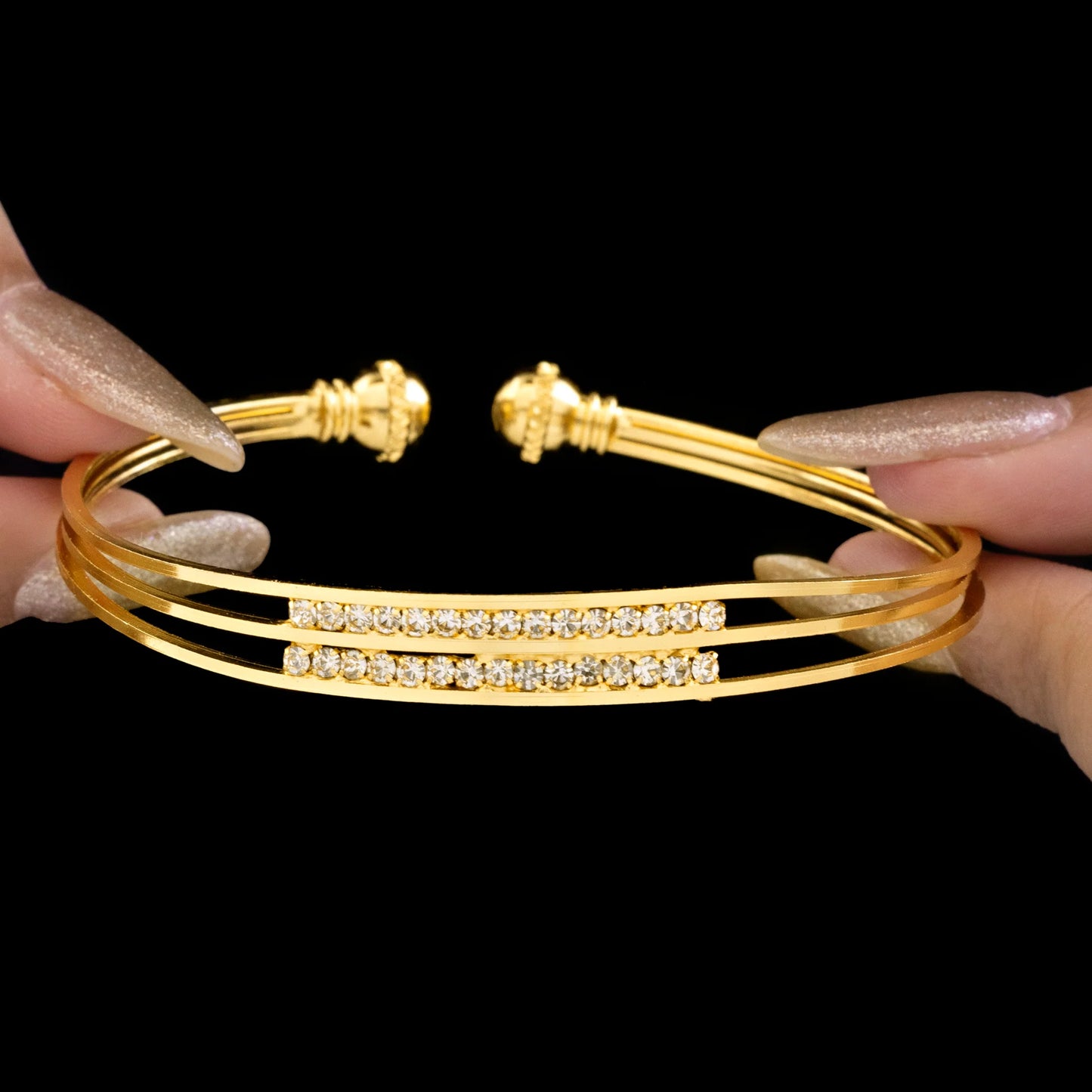 AUROZI Anti-Tarnish Triple Line Rhinestone Bangle Bracelet (Adjustable Size)