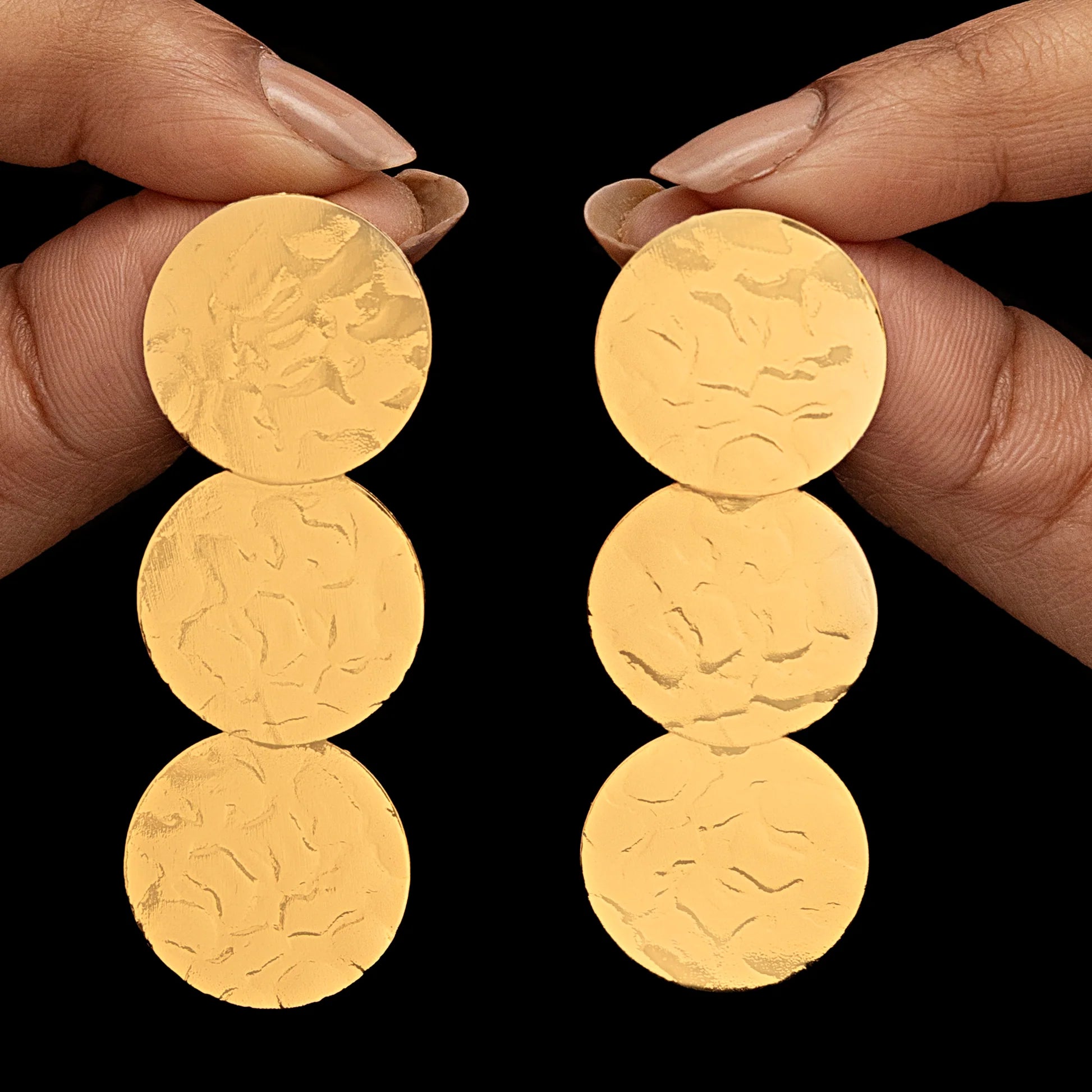 AUROZI Anti-Tarnish Golden Triple Coin Dangler Earrings – Timeless Textured Elegance