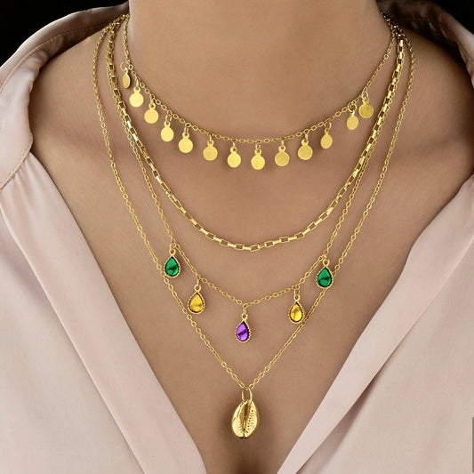 AUROZI ANTI-TARNISH MULTILAYERED CRYSTAL CHARMS GOLD PLATED NECKLACE