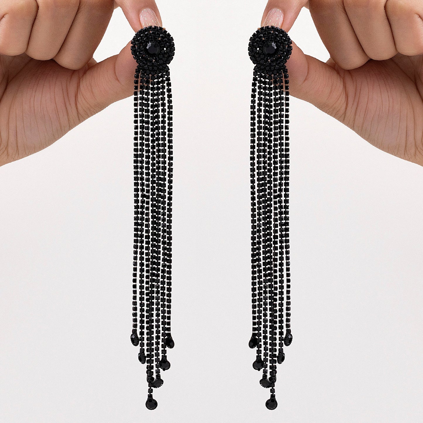 AUROZI Anti-Tarnish Long Rhinestone Tassel Dangle Earrings