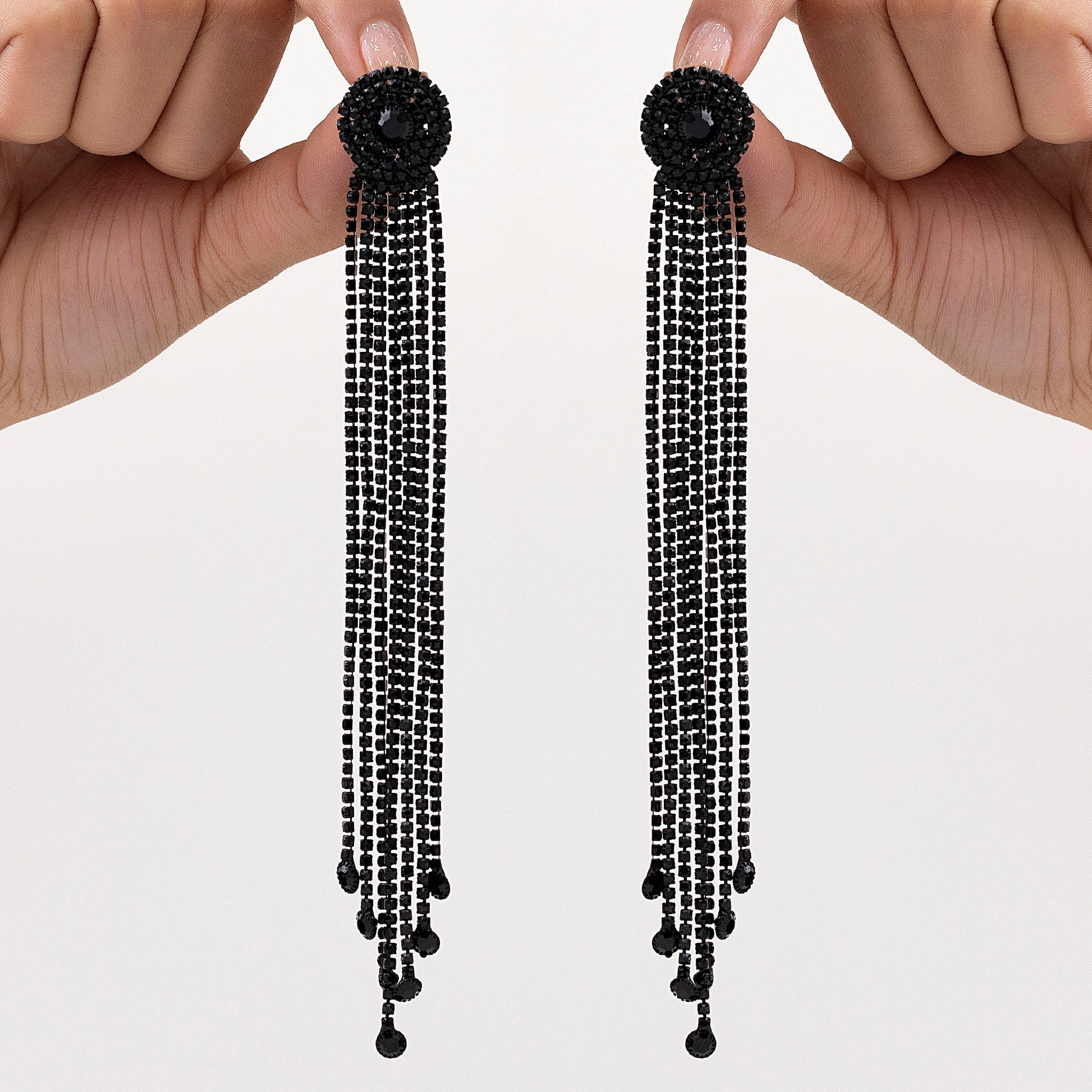 AUROZI Anti-Tarnish Long Rhinestone Tassel Dangle Earrings