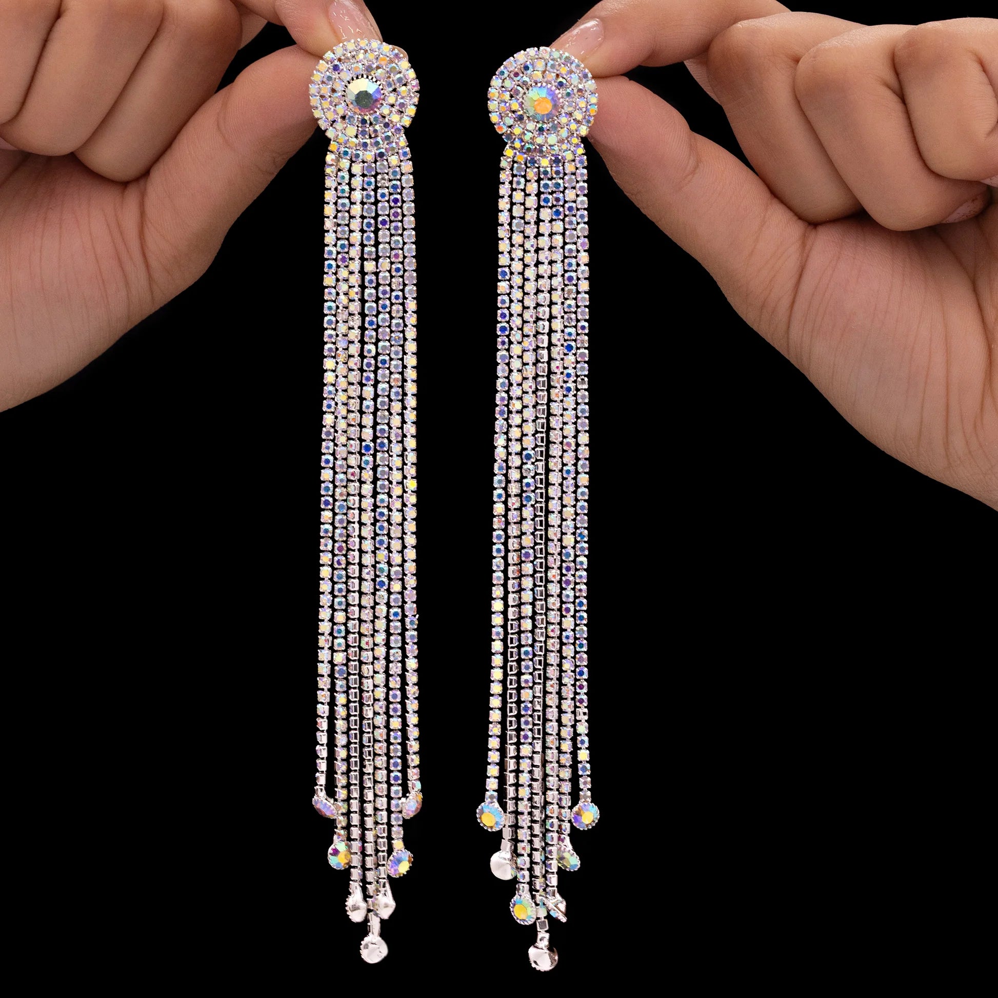 AUROZI Anti-Tarnish Rhinestone Tassel Dangle Earrings with Rainbow Crystals