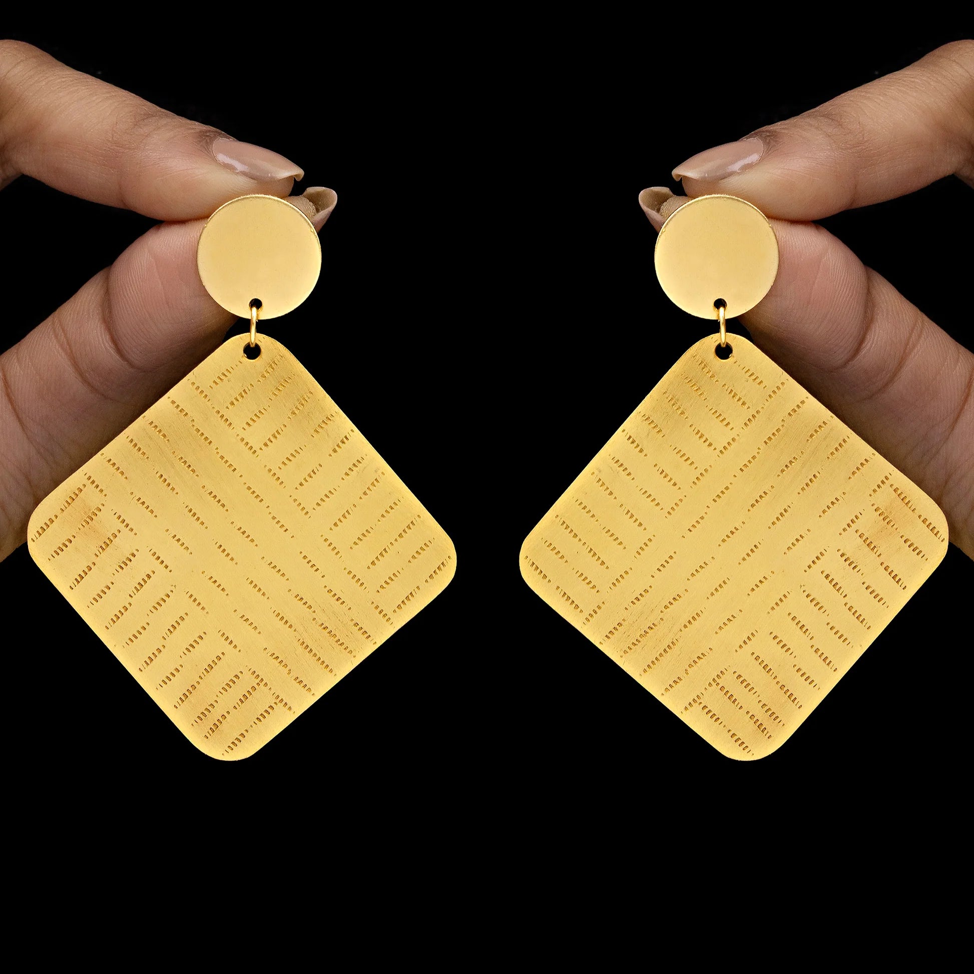 AUROZI Anti-Tarnish Golden Brass Square Dangle Earrings