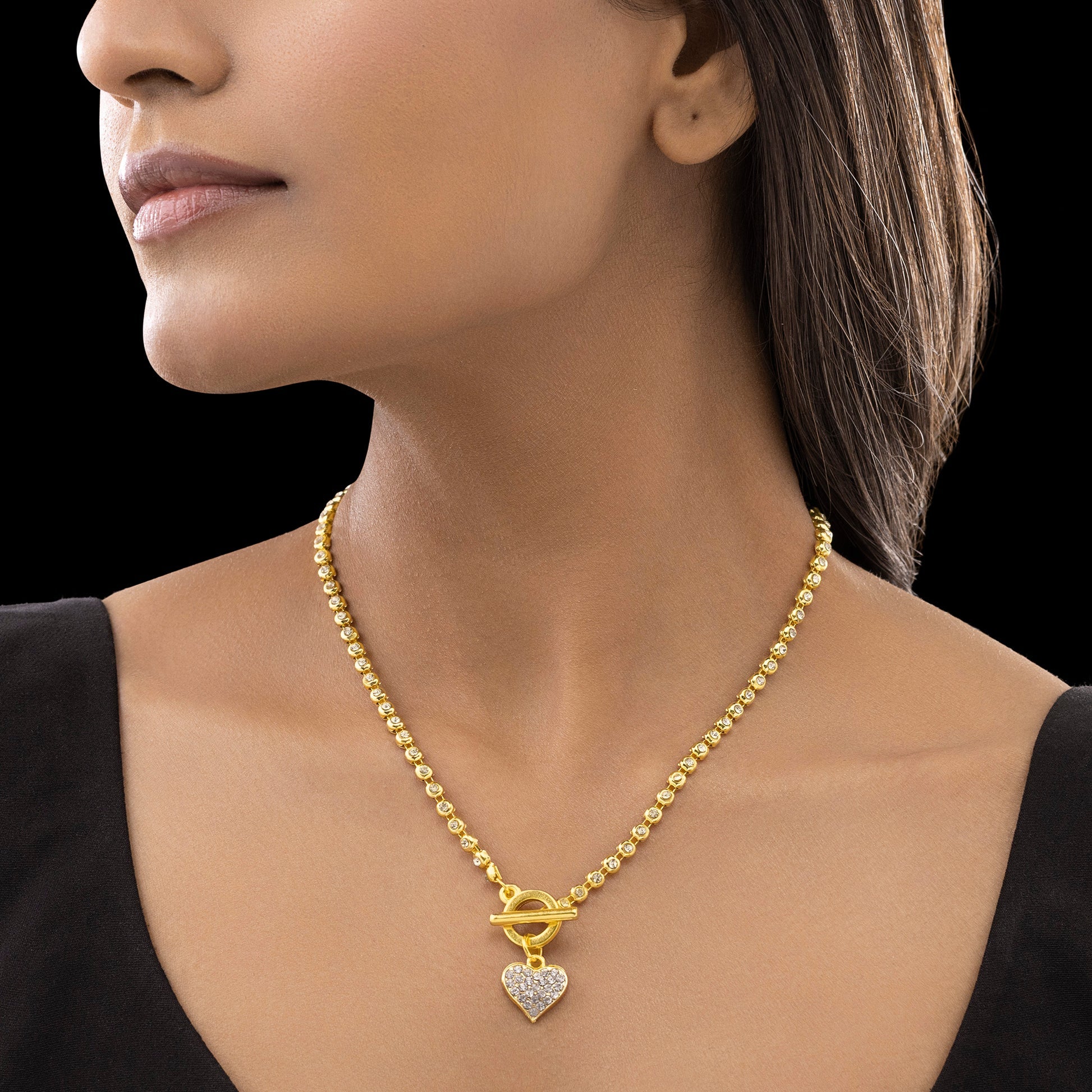 AUROZI Anti-Tarnish AD-Studded Heart Charm Necklace With T-Lock