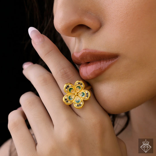 AUROZI Anti-Tarnish Golden Flower Crystal Ring (Adjustable Size)