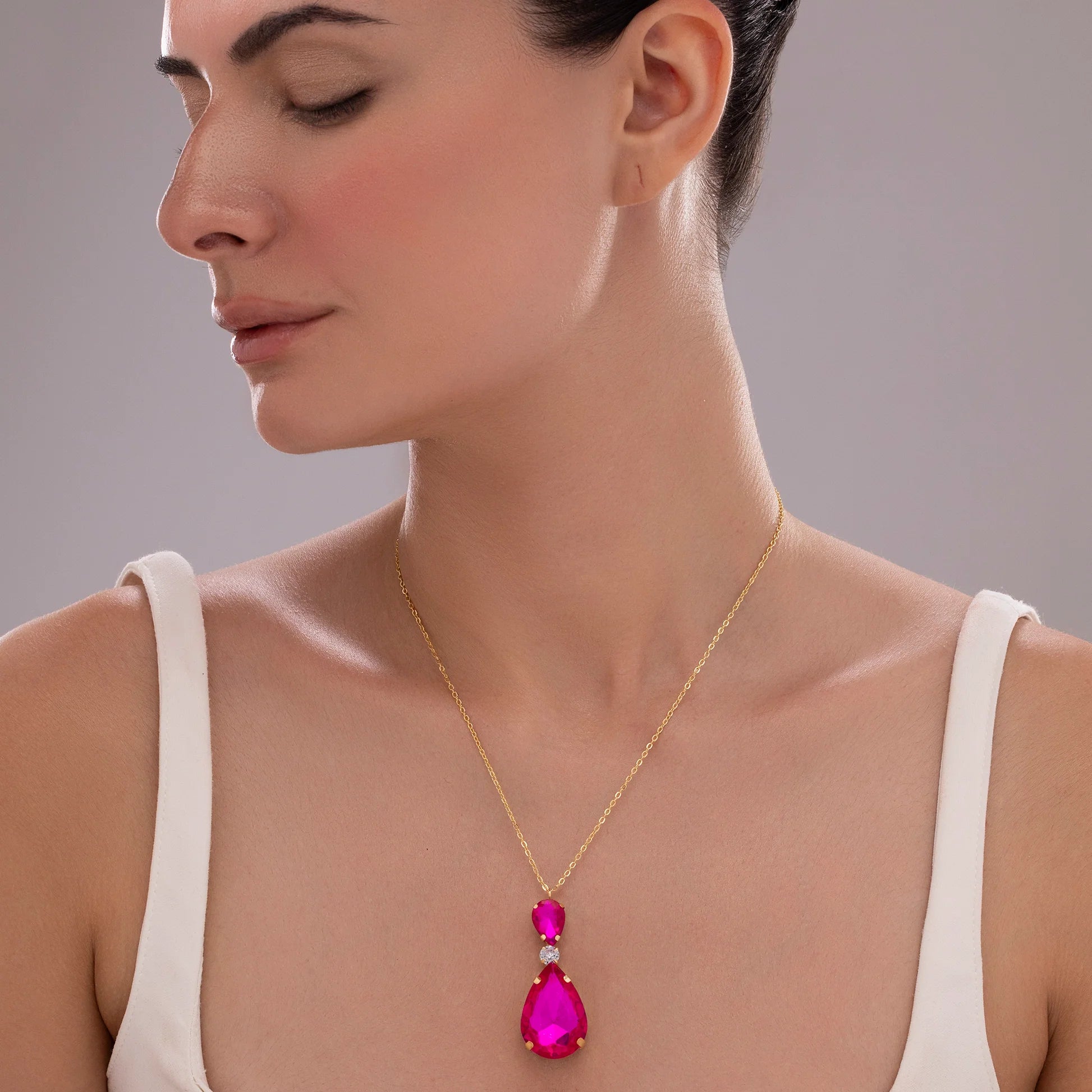 AUROZI Anti-Tarnish Fuchsia Pink Drop Crystal Pendant Necklace
