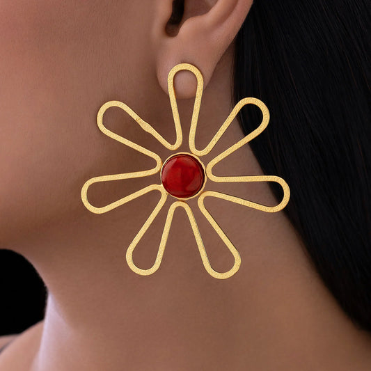 AUROZI Anti-Tarnish Flower Statement Earrings with Red Cabochon