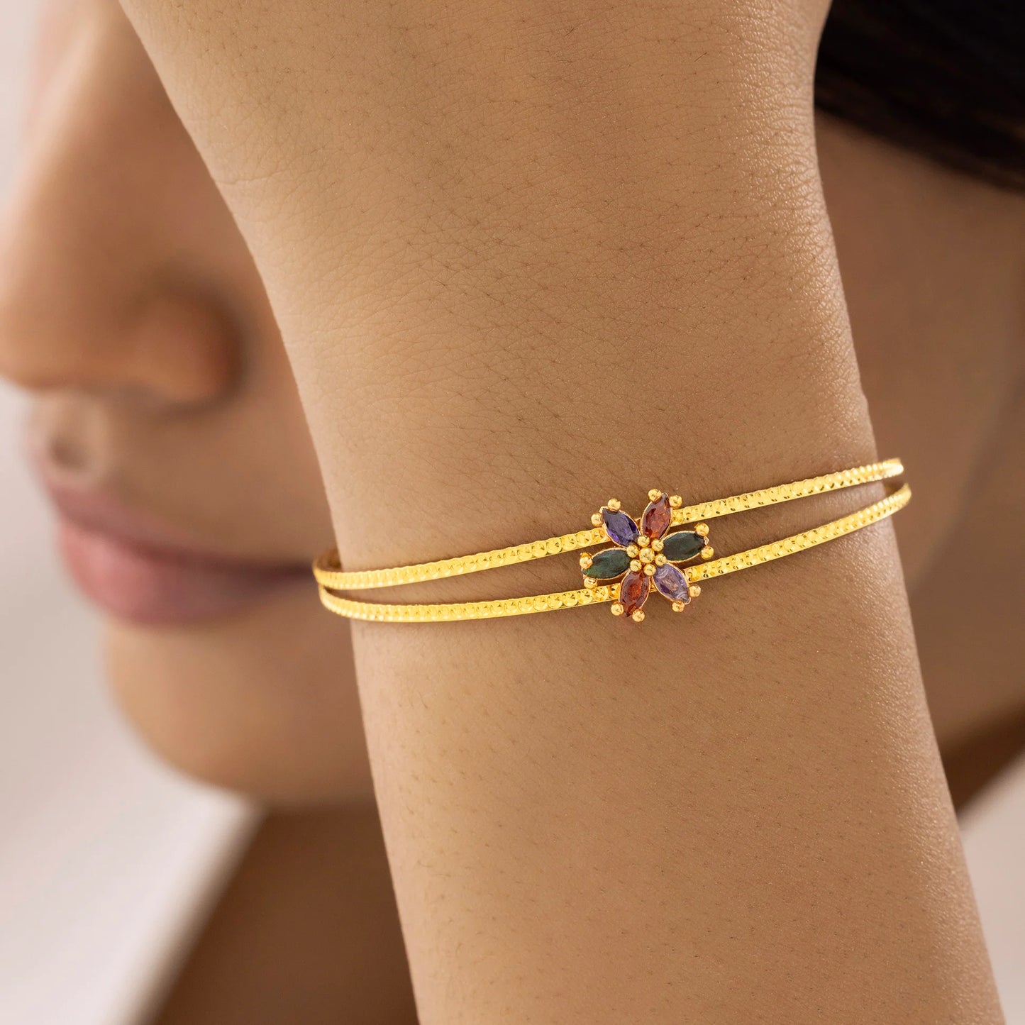 AUROZI Anti-Tarnish Double-Line Crystal Flower Bangle Bracelet