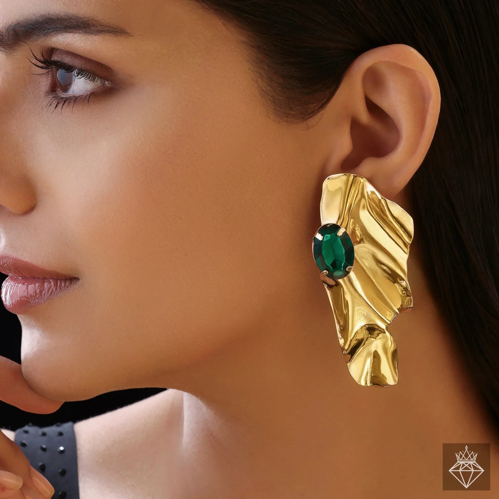 AUROZI Anti-Tarnish Golden Statement Emerald Earrings Set