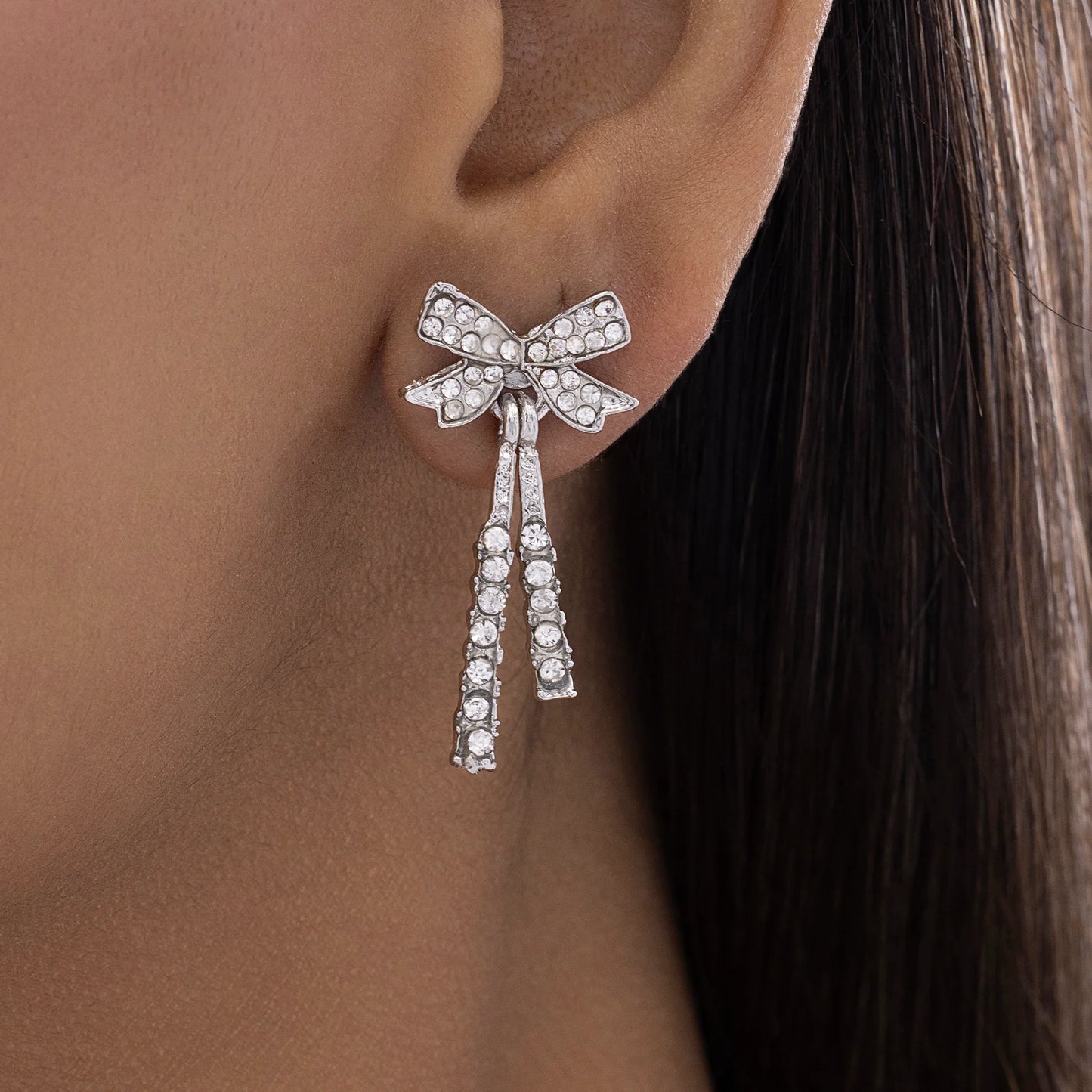 AUROZI Anti-Tarnish Silver AD-Studded Bow Necklace Set with Earrings