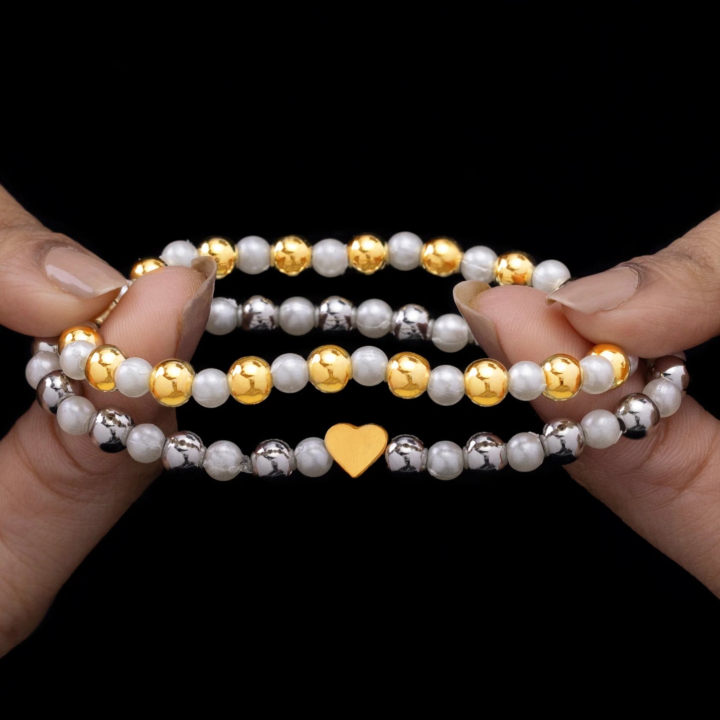 AUROZI Anti-Tarnish Duo of Stretchable Bracelets with Pearl & Heart Charm