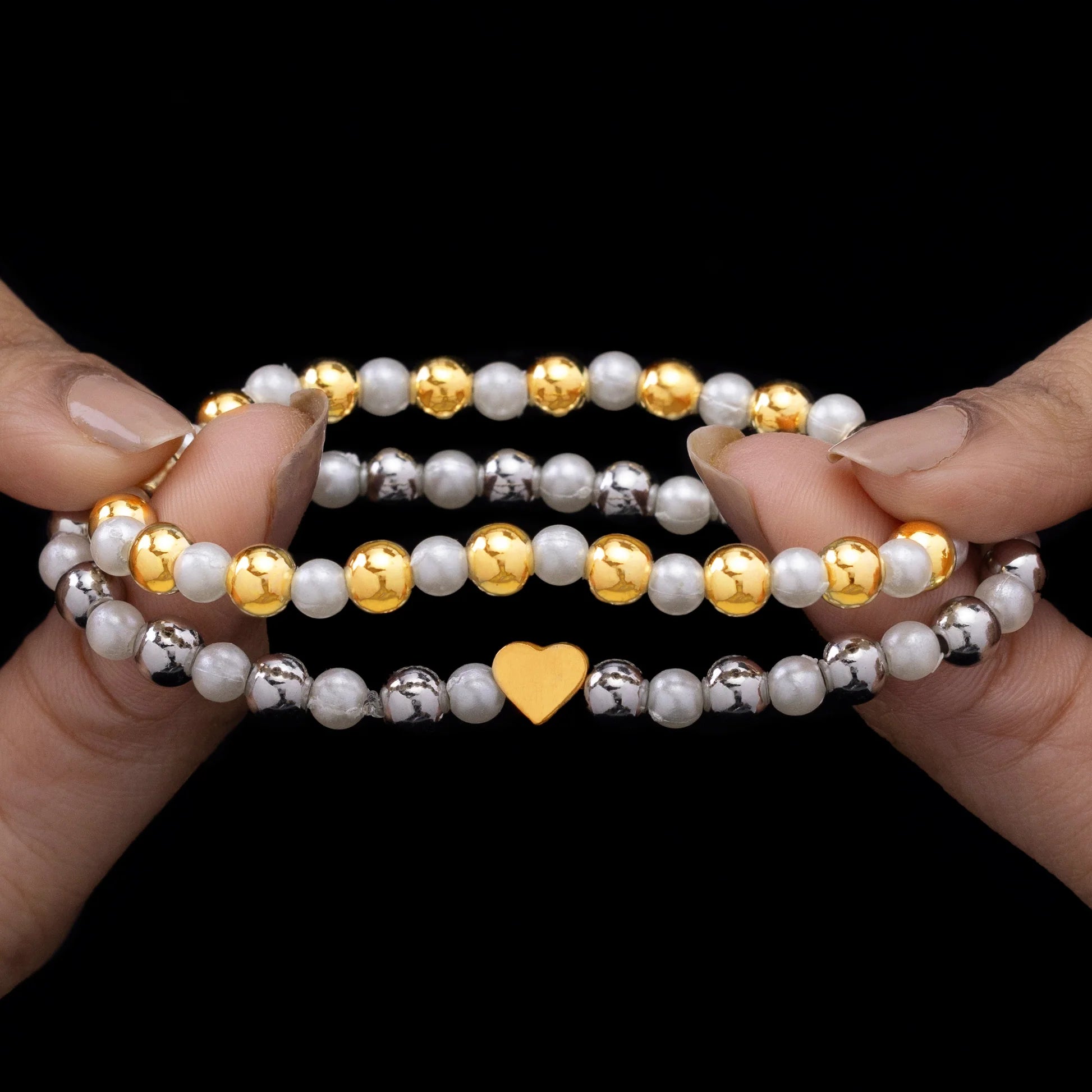 AUROZI Anti-Tarnish Duo of Stretchable Bracelets with Pearl & Heart Charm
