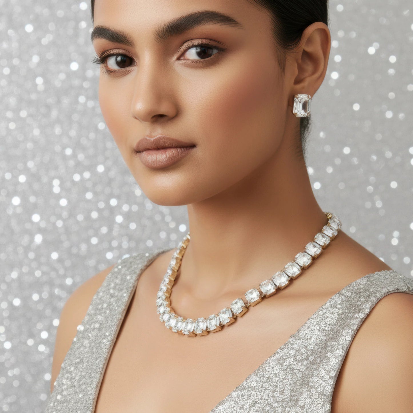 AUROZI Anti-Tarnish Single-Line Crystal Necklace Set with Earrings