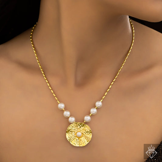 AUROZI Anti-Tarnish Hammered Coin & Pearl Necklace Set With Earrings