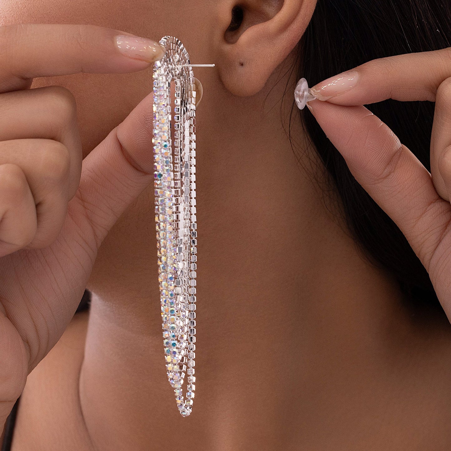 AUROZI Anti-Tarnish Silver U-Shaped Rhinestone Dangle Earrings