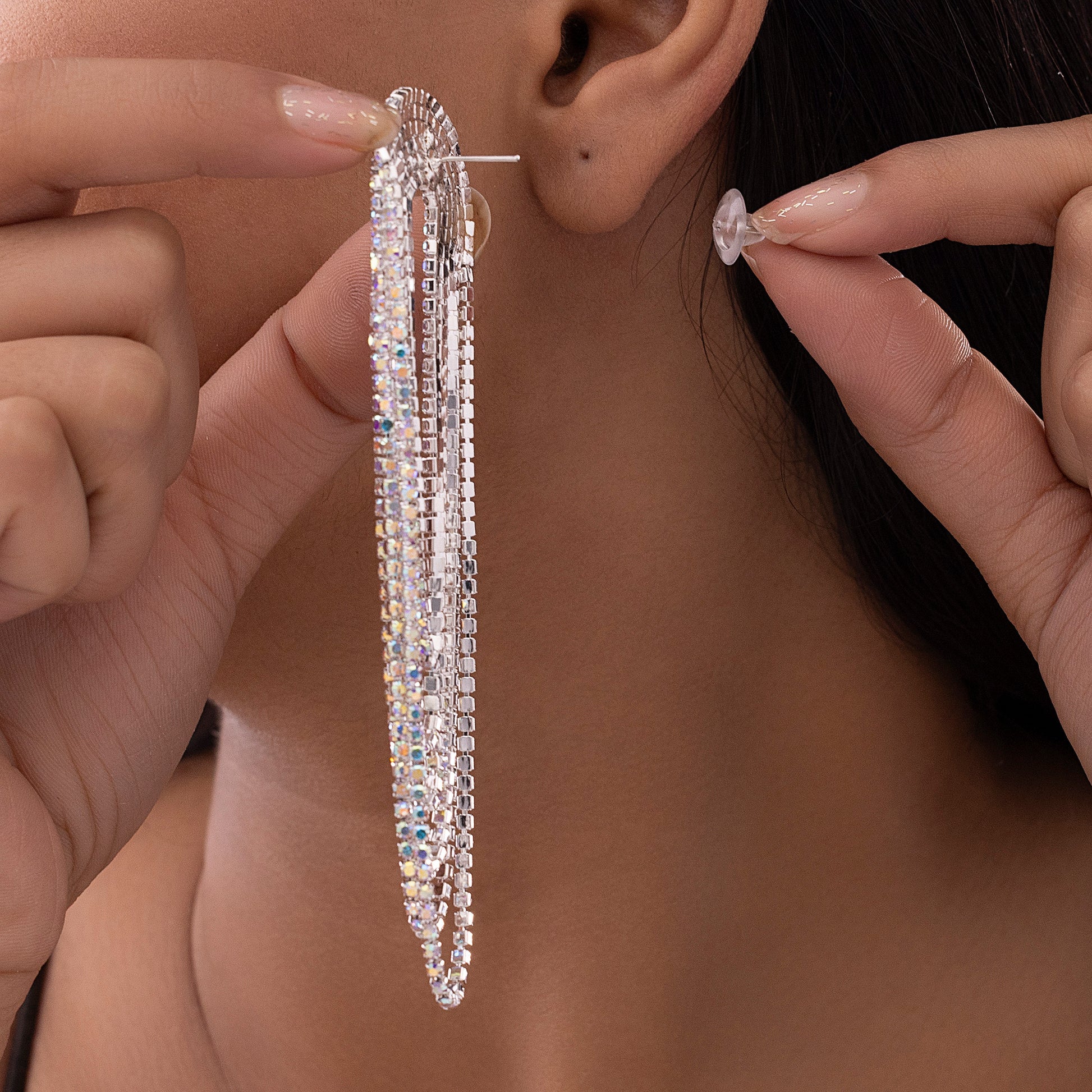 AUROZI Anti-Tarnish Silver U-Shaped Rhinestone Dangle Earrings